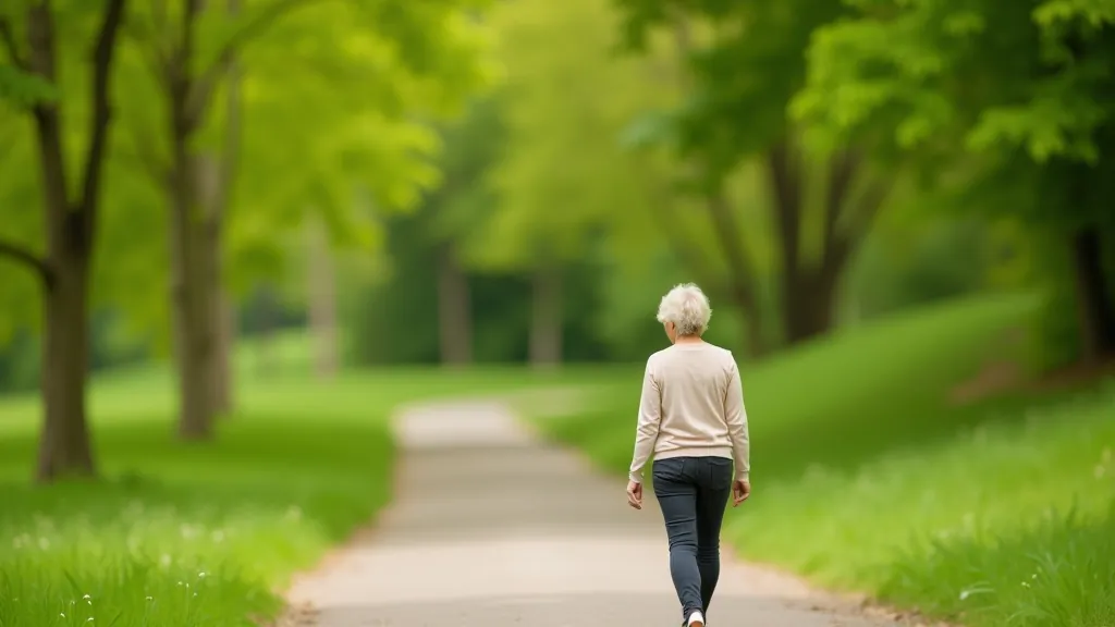 Seniorė žingsniuoja šviežiame parke, paveikslėlis iš šono, natūrali šviesa